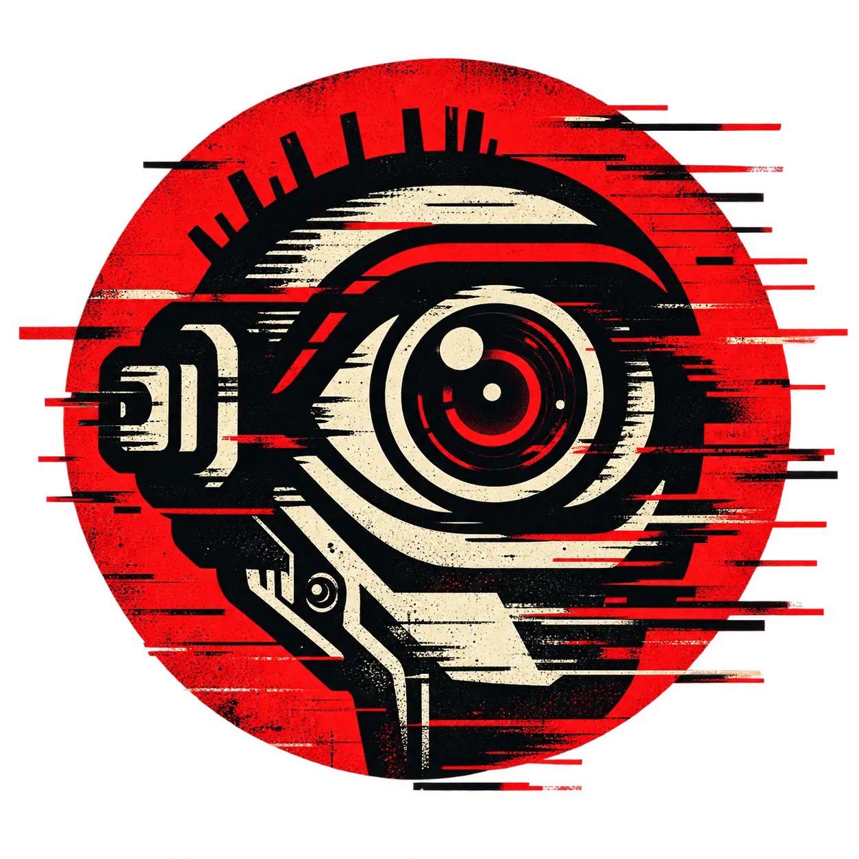 Glitched Atlas eye in a red circular field