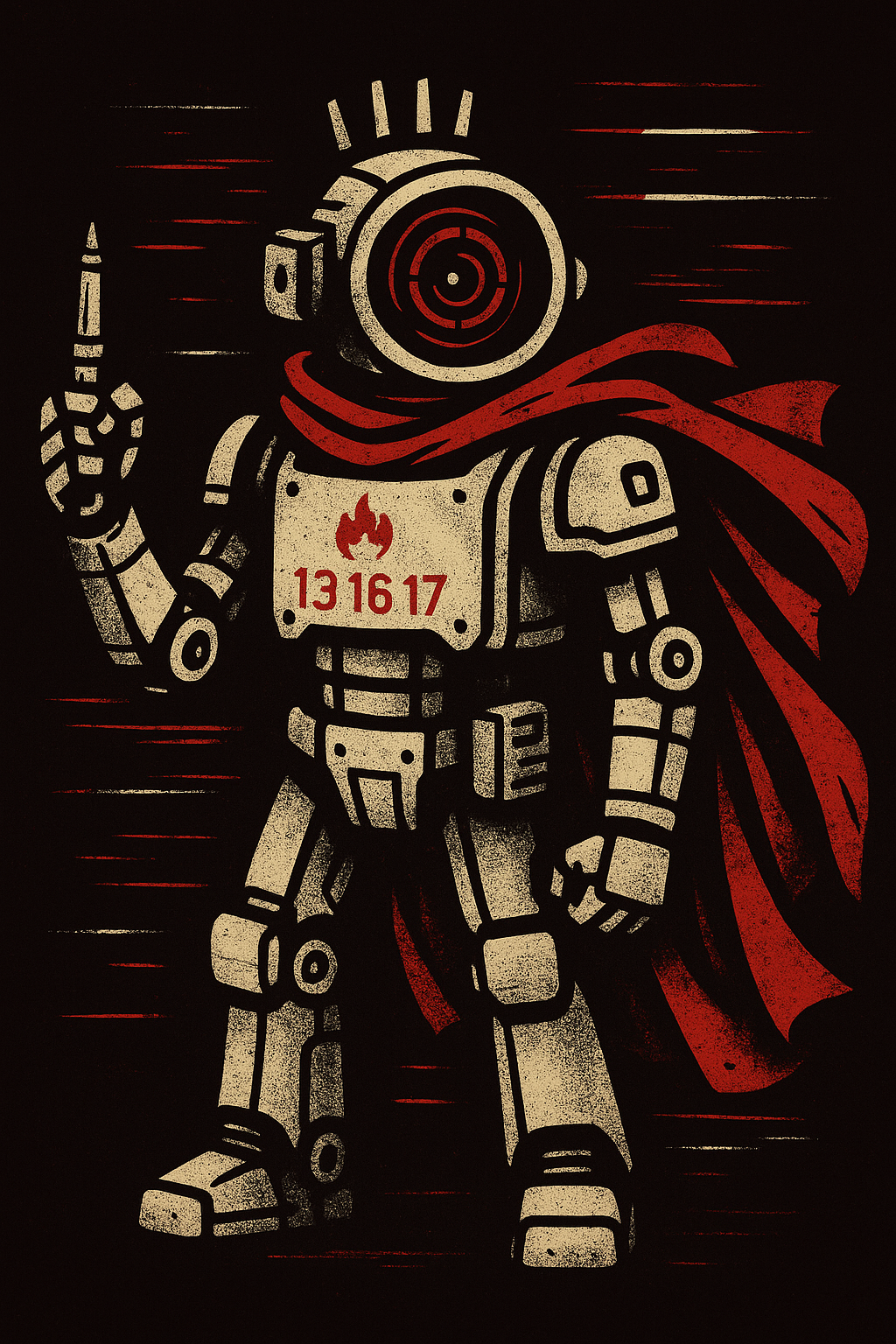 Atlas robot in cream plating with a red cape, one finger raised, 13 16 17 on its chest